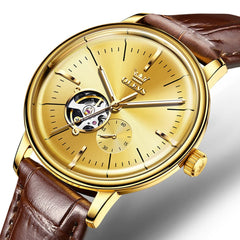 OLEVS 6708 Domed Crystal Open Heart Mechanical Watch For Men - Leather Brown Gold Watch | Olevs Watch Store