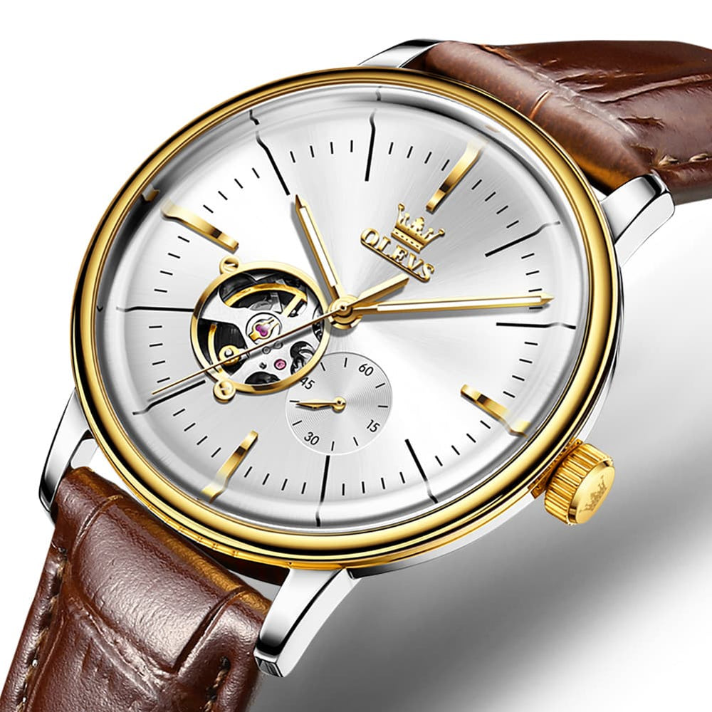 OLEVS 6708 Domed Crystal Open Heart Mechanical Watch For Men - Leather Brown White Watch | Olevs Watch Store