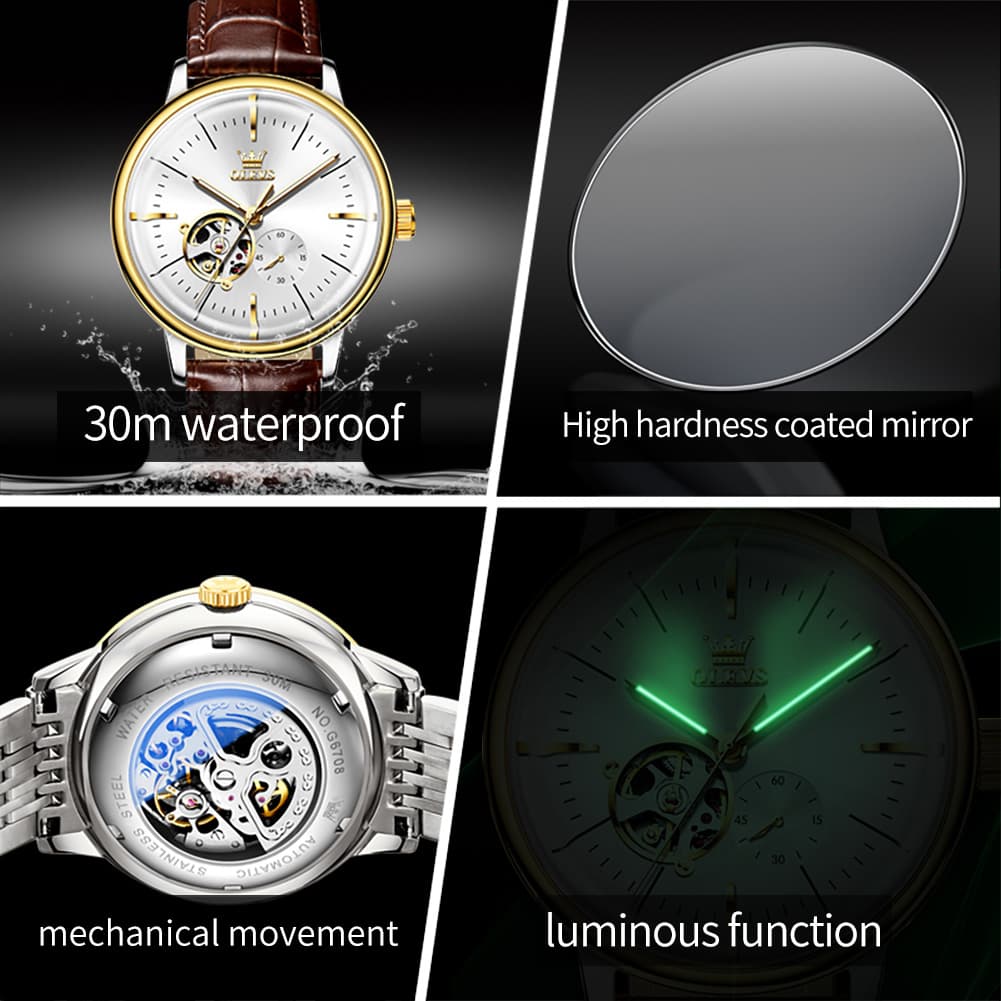 OLEVS 6708 Domed Crystal Open Heart Mechanical Watch For Men - Steel All Gold Watch | Olevs Watch Store