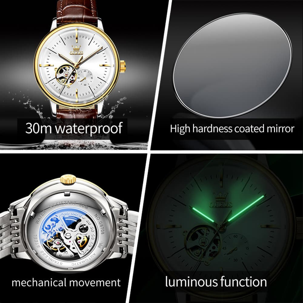 OLEVS 6708 Domed Crystal Open Heart Mechanical Watch For Men - Steel All Gold Watch | Olevs Watch Store