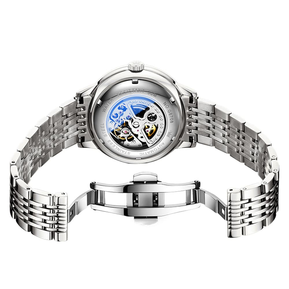 OLEVS 6708 Domed Crystal Open Heart Mechanical Watch For Men - Steel All Gold Watch | Olevs Watch Store