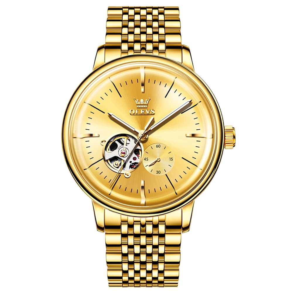 OLEVS 6708 Domed Crystal Open Heart Mechanical Watch For Men - Steel All Gold Watch | Olevs Watch Store