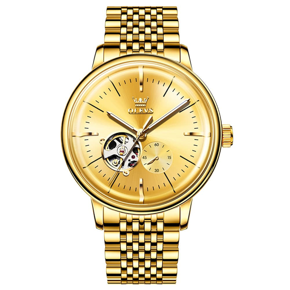 OLEVS 6708 Domed Crystal Open Heart Mechanical Watch For Men - Steel All Gold Watch | Olevs Watch Store
