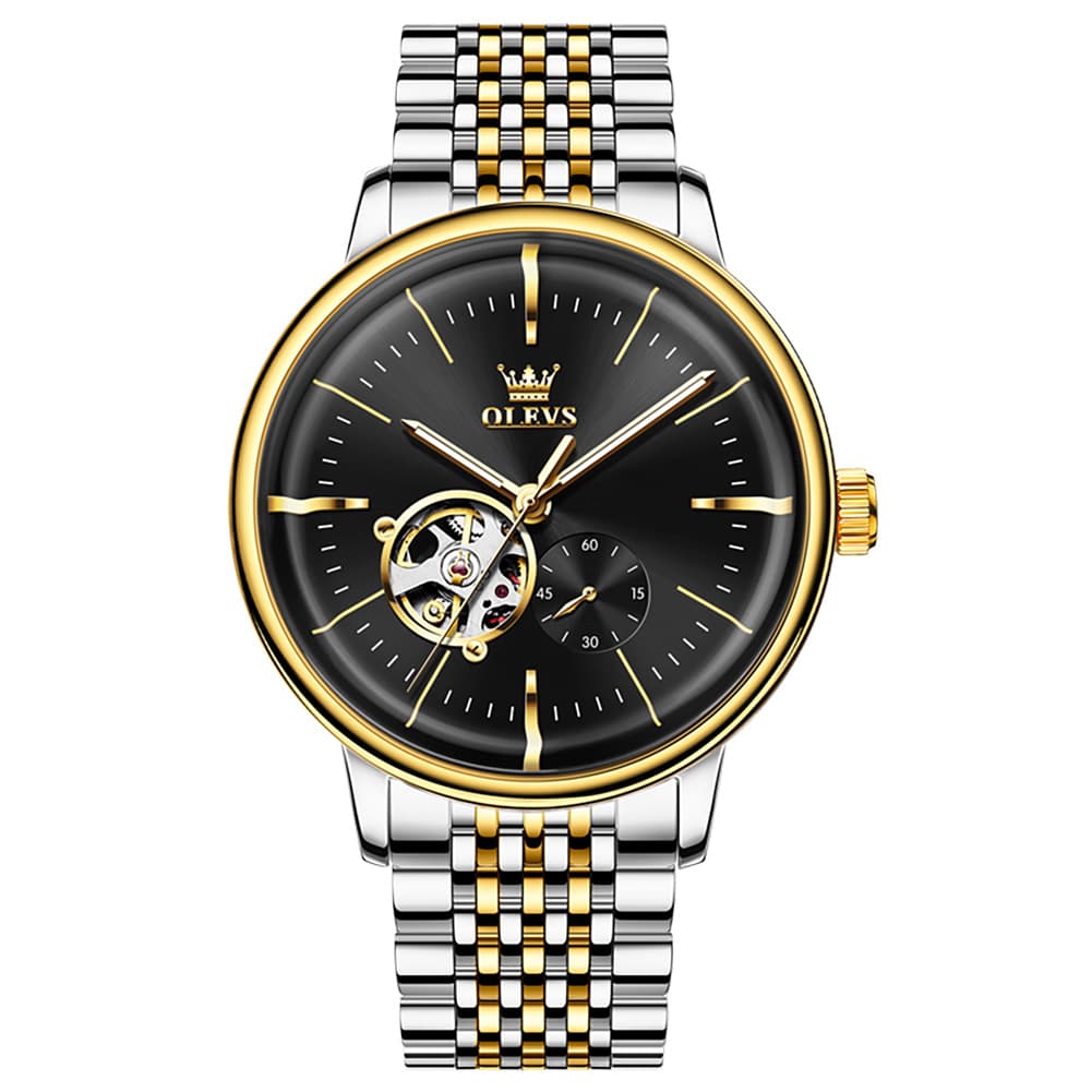 OLEVS 6708 Domed Crystal Open Heart Mechanical Watch For Men - Steel All Gold Watch | Olevs Watch Store