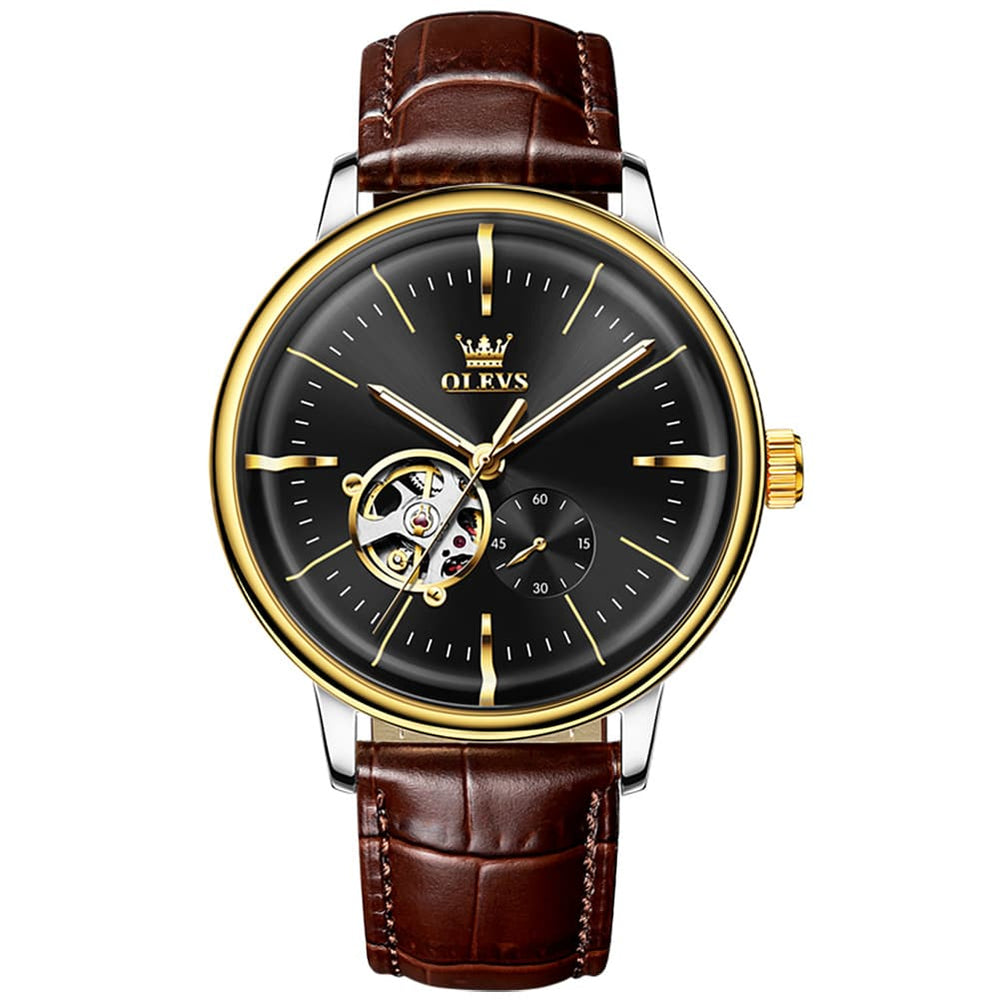 OLEVS 6708 Domed Crystal Open Heart Mechanical Watch For Men - Steel All Gold Watch | Olevs Watch Store