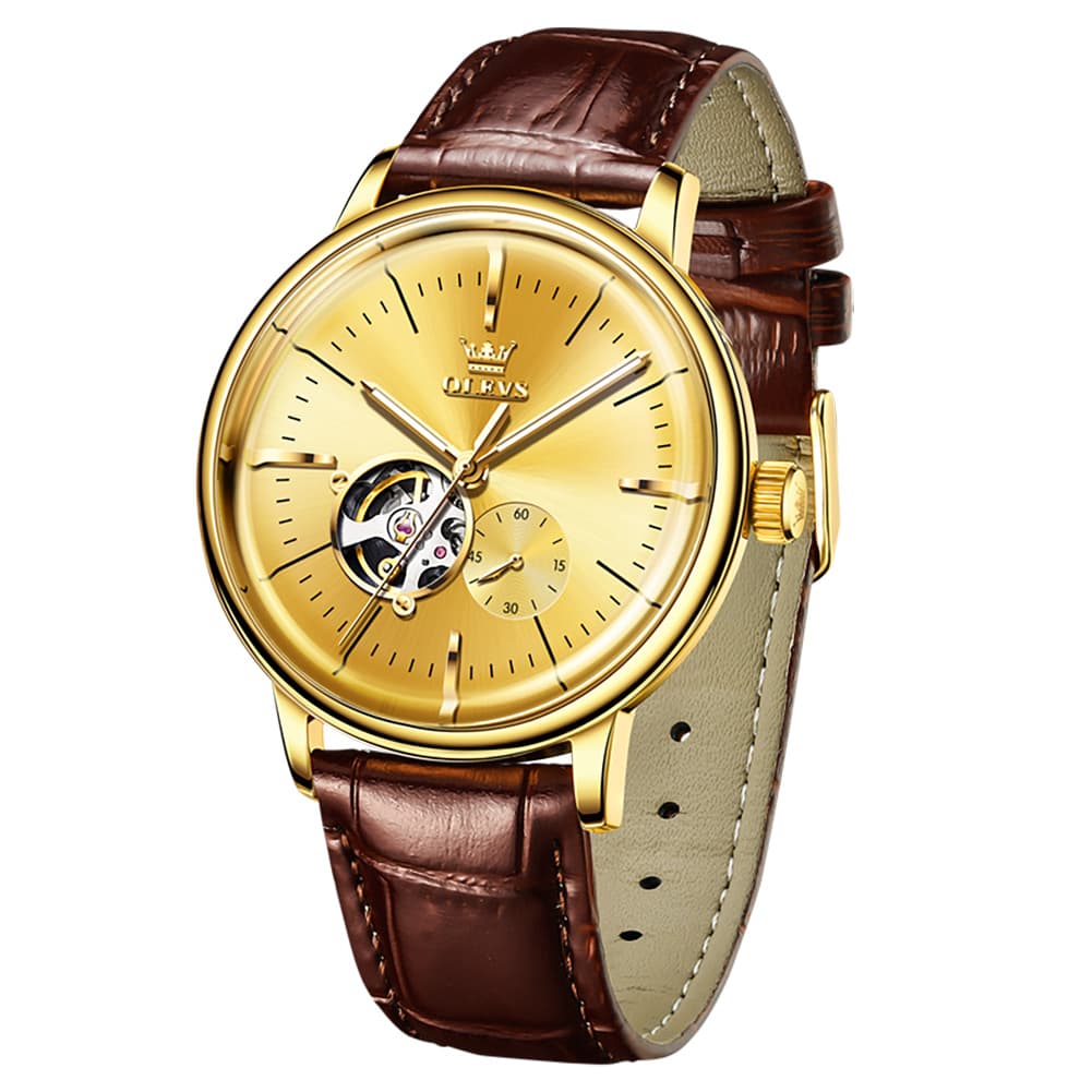 OLEVS 6708 Domed Crystal Open Heart Mechanical Watch For Men - Steel All Gold Watch | Olevs Watch Store