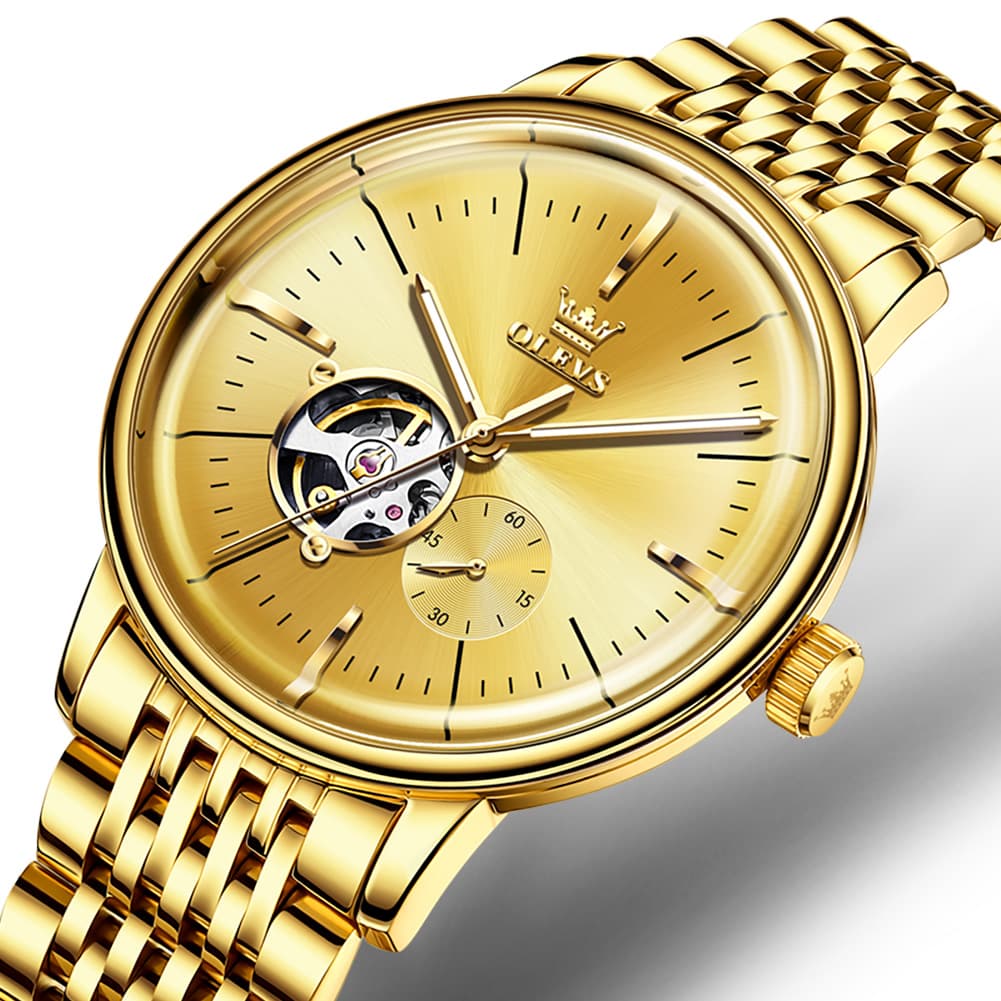 OLEVS 6708 Domed Crystal Open Heart Mechanical Watch For Men - Steel All Gold Watch | Olevs Watch Store