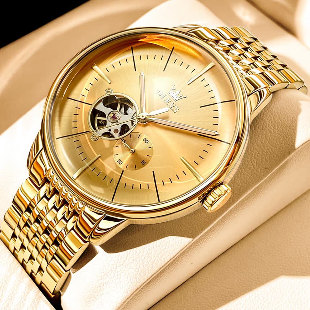 OLEVS 6708 Domed Crystal Open Heart Mechanical Watch For Men - Steel All Gold Watch | Olevs Watch Store
