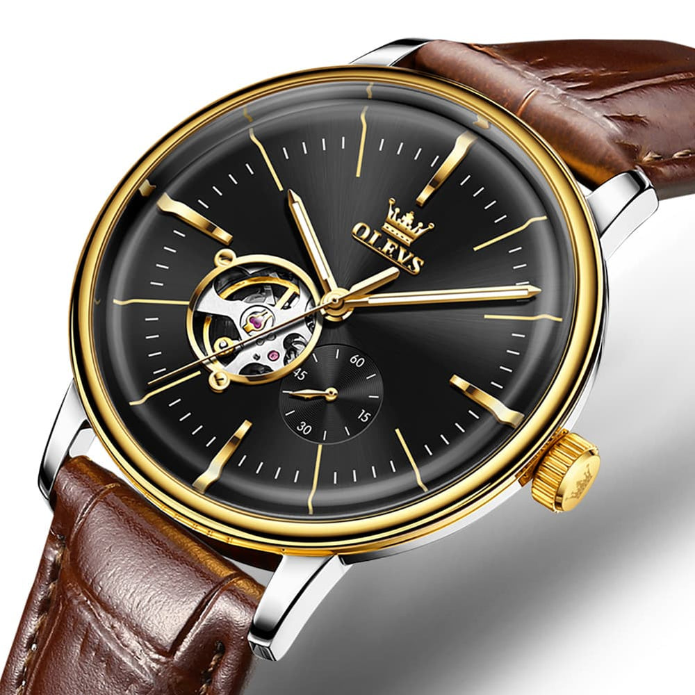 OLEVS 6708 Domed Crystal Open Heart Mechanical Watch For Men - Steel All Gold Watch | Olevs Watch Store
