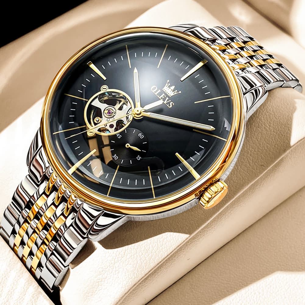 OLEVS 6708 Domed Crystal Open Heart Mechanical Watch For Men - Steel All Gold Watch | Olevs Watch Store