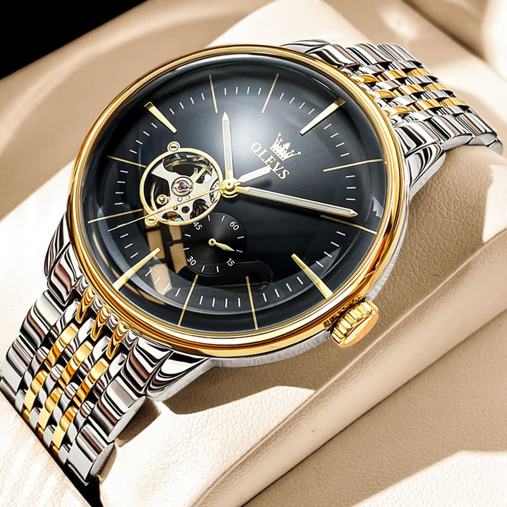 OLEVS 6708 Domed Crystal Open Heart Mechanical Watch For Men - Steel All Gold Watch | Olevs Watch Store