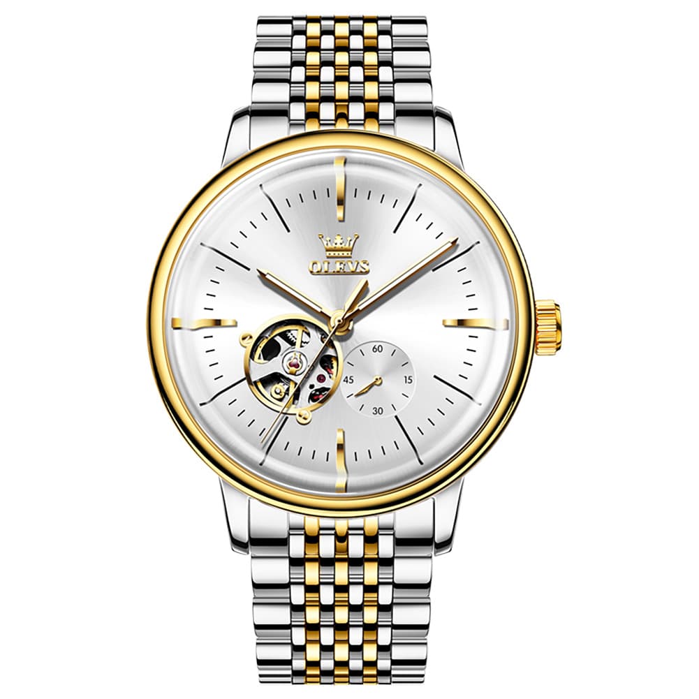 OLEVS 6708 Domed Crystal Open Heart Mechanical Watch For Men - Steel All Gold Watch | Olevs Watch Store