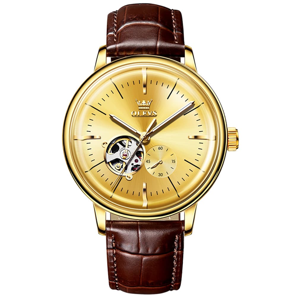 OLEVS 6708 Domed Crystal Open Heart Mechanical Watch For Men - Steel All Gold Watch | Olevs Watch Store