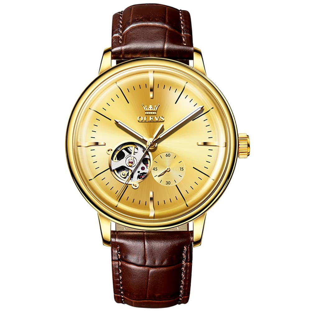 OLEVS 6708 Domed Crystal Open Heart Mechanical Watch For Men - Steel All Gold Watch | Olevs Watch Store