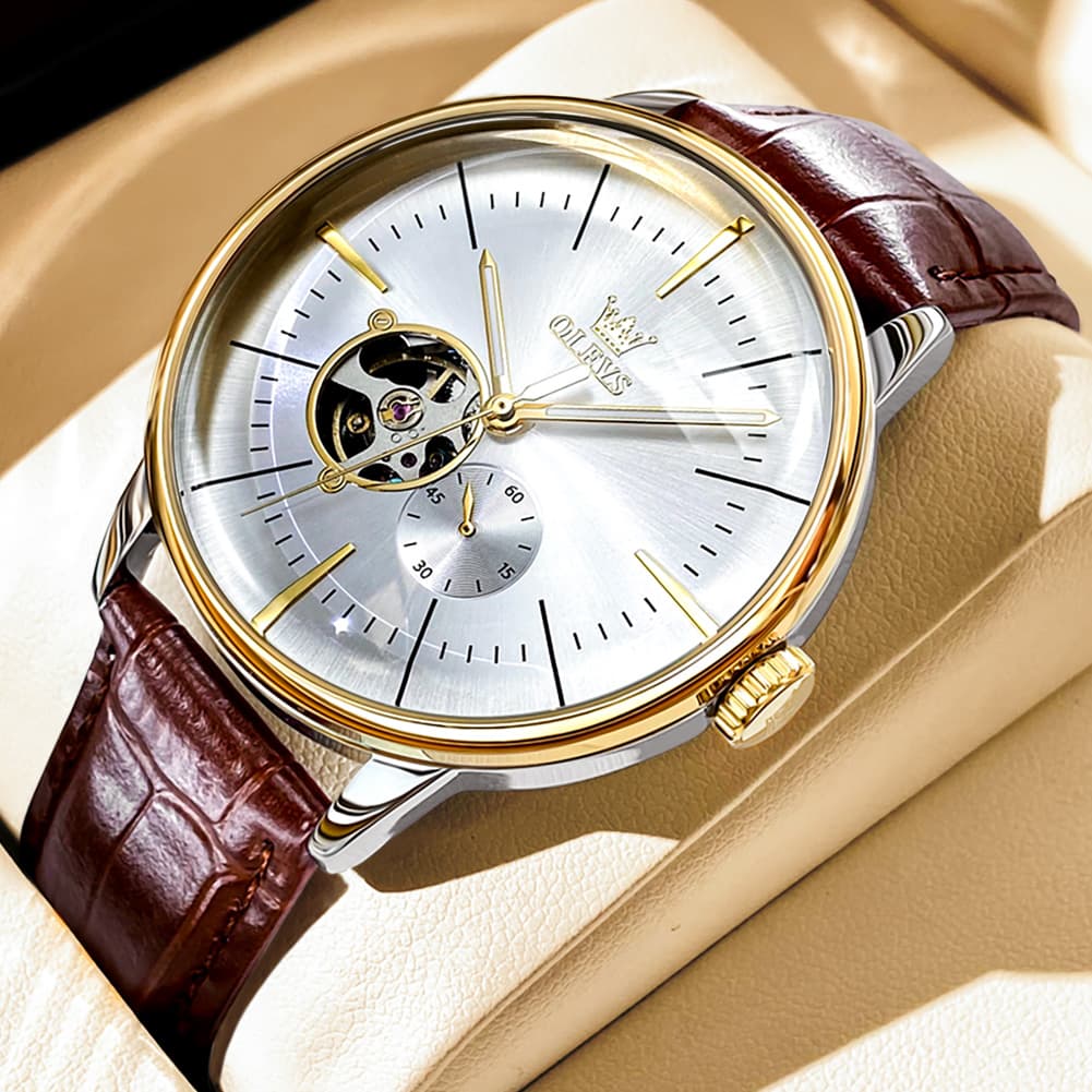 OLEVS 6708 Domed Crystal Open Heart Mechanical Watch For Men - Steel All Gold Watch | Olevs Watch Store