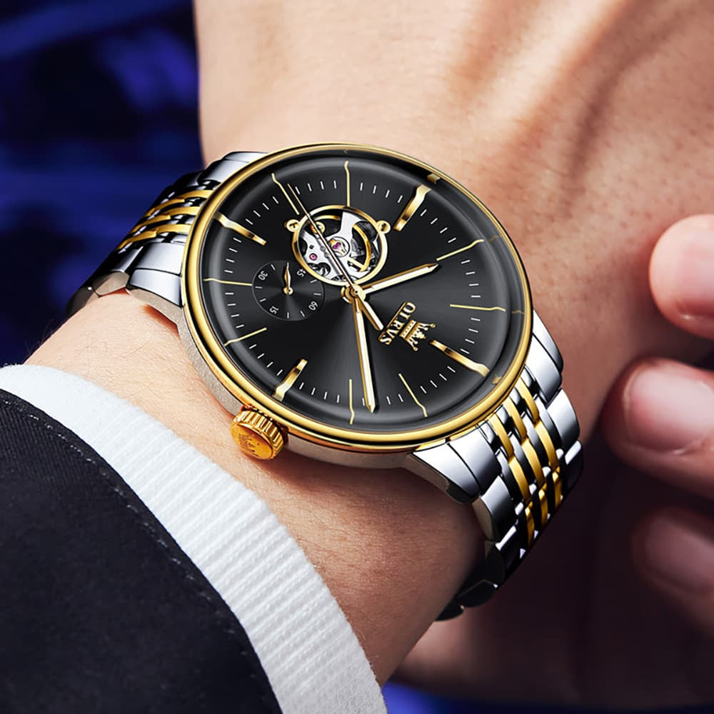 OLEVS 6708 Domed Crystal Open Heart Mechanical Watch For Men - Steel All Gold Watch | Olevs Watch Store