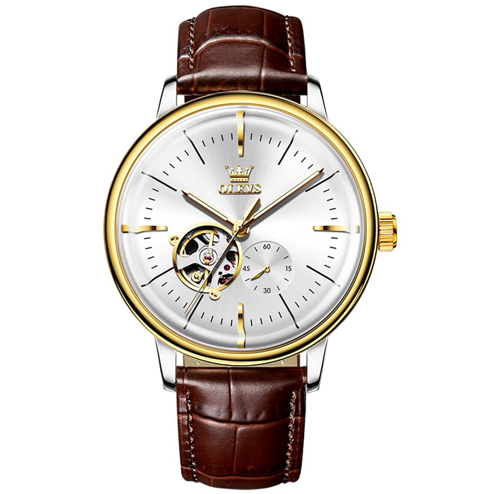 OLEVS 6708 Domed Crystal Open Heart Mechanical Watch For Men - Steel All Gold Watch | Olevs Watch Store
