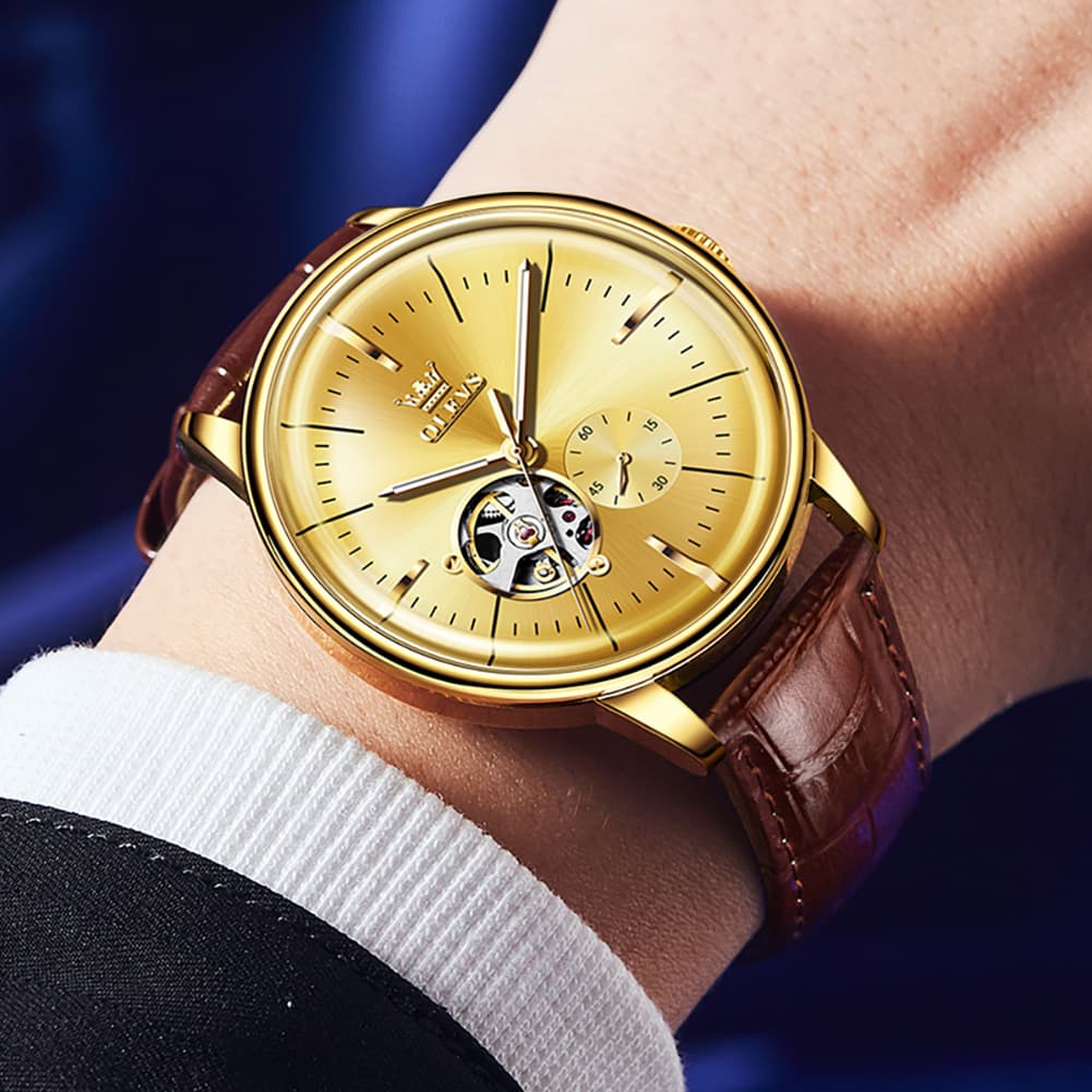 OLEVS 6708 Domed Crystal Open Heart Mechanical Watch For Men - Steel All Gold Watch | Olevs Watch Store