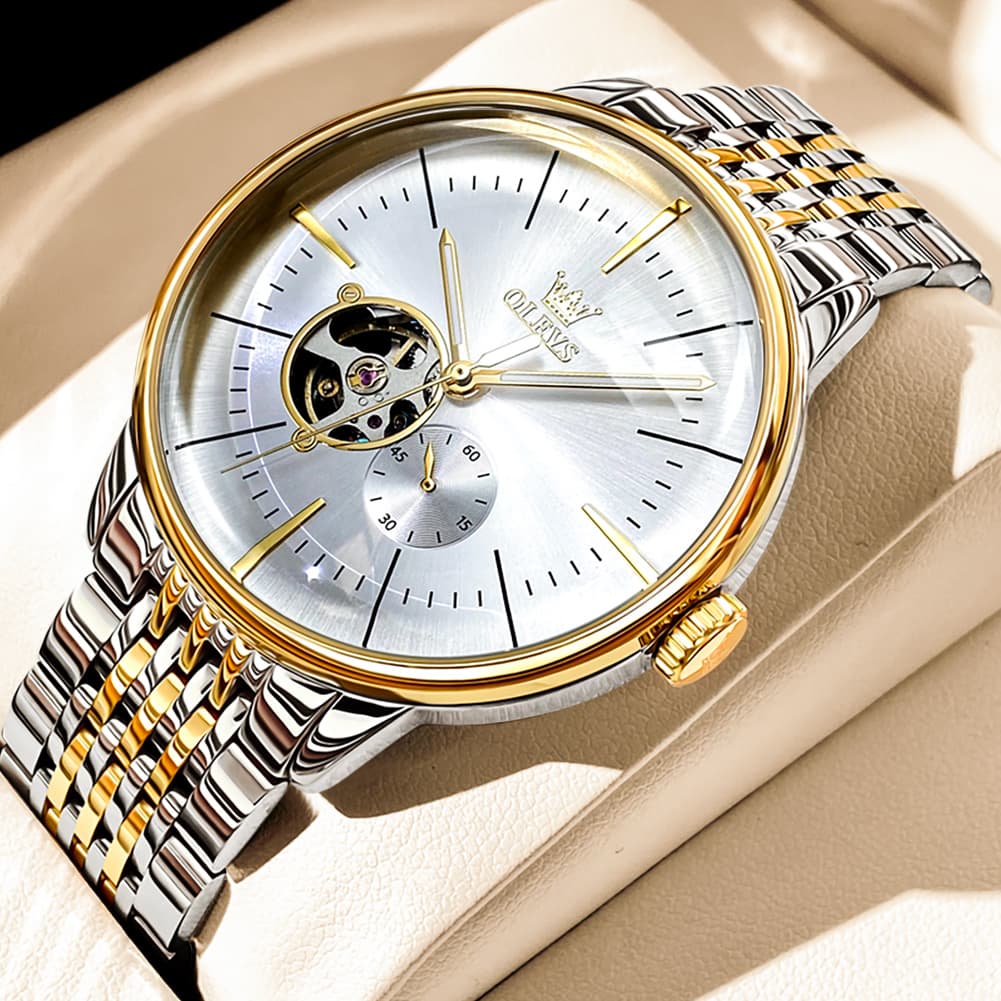 OLEVS 6708 Domed Crystal Open Heart Mechanical Watch For Men - Steel All Gold Watch | Olevs Watch Store