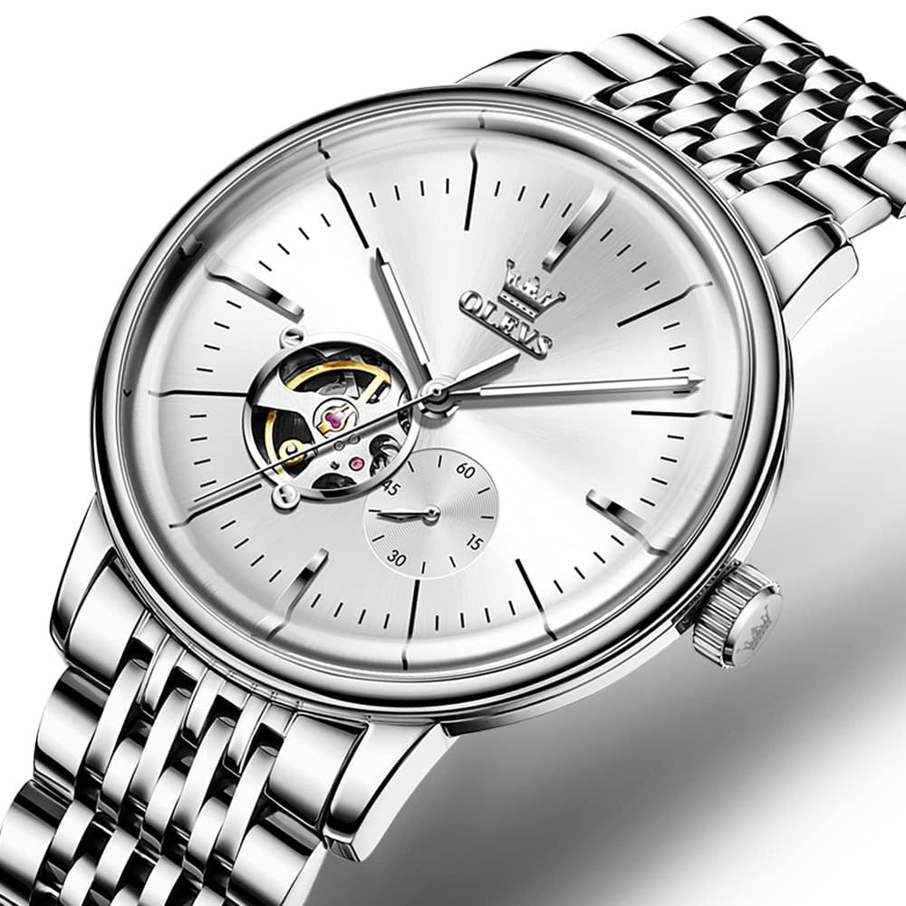 OLEVS 6708 Domed Crystal Open Heart Mechanical Watch For Men - Steel Silver White Watch | Olevs Watch Store
