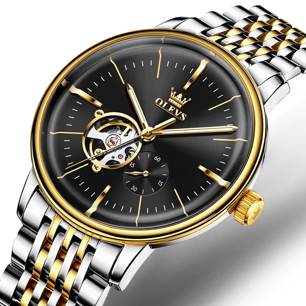 OLEVS 6708 Domed Crystal Open Heart Mechanical Watch For Men - Steel Two Tone Black Watch | Olevs Watch Store