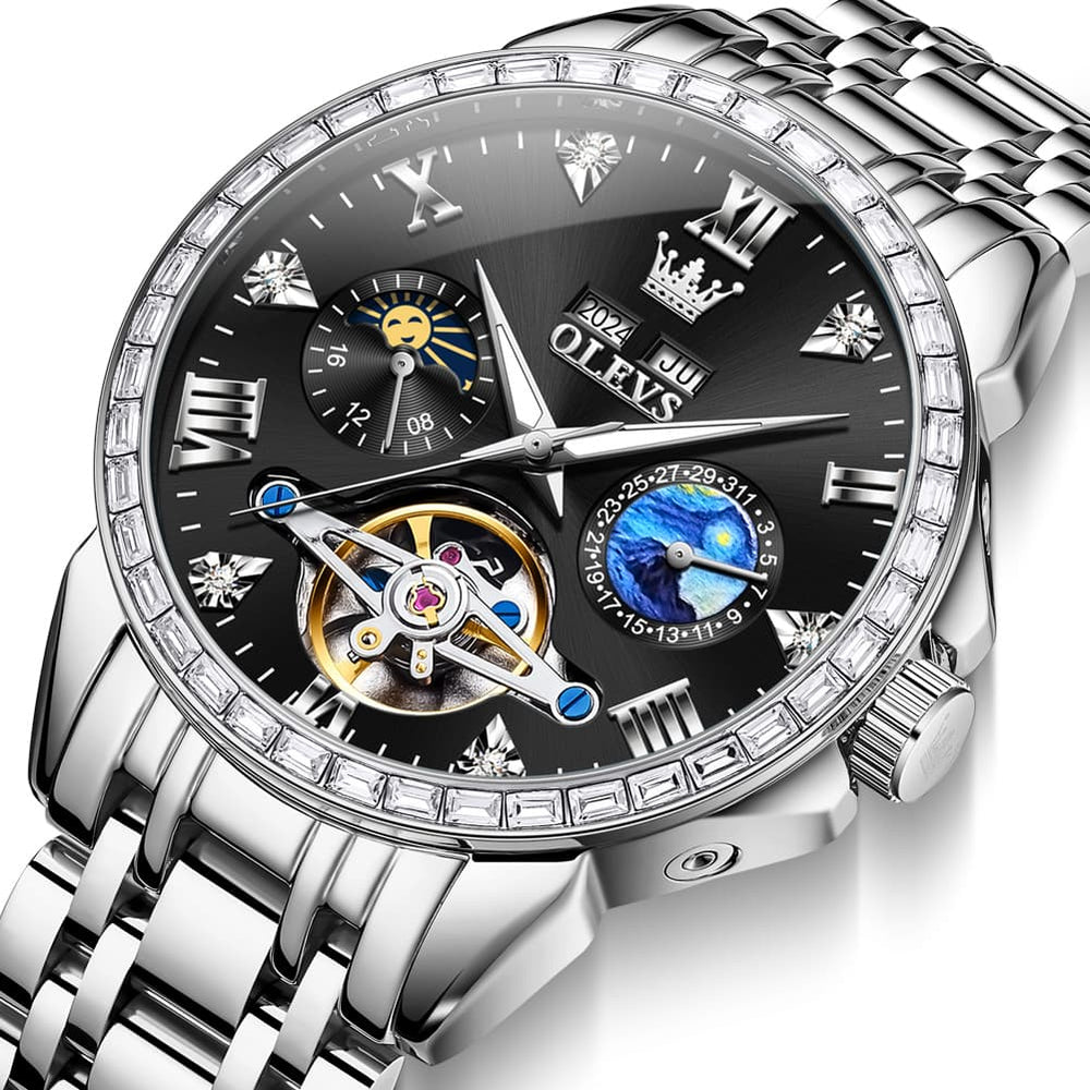 OLEVS 6712 Diamond Bezel Starry Moon Phase Calendar Mechanical Watch For Men - Silver Black Watch | Olevs Watch Store