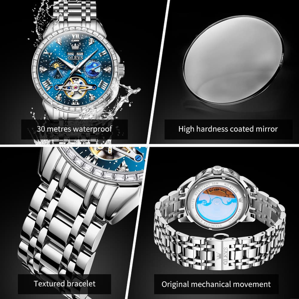 OLEVS 6712 Diamond Bezel Starry Moon Phase Calendar Mechanical Watch For Men - Silver Black Watch | Olevs Watch Store