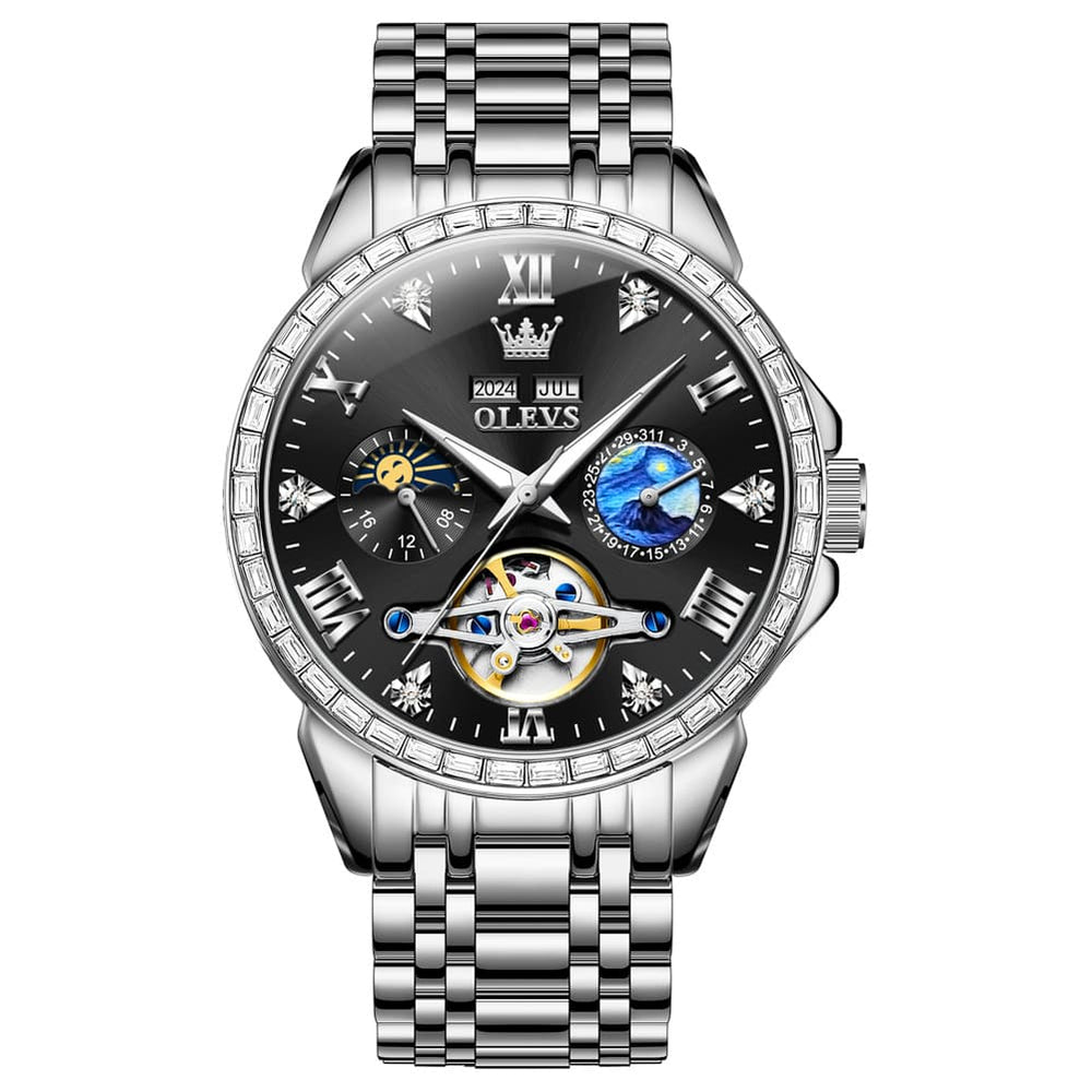 OLEVS 6712 Diamond Bezel Starry Moon Phase Calendar Mechanical Watch For Men - Silver Black Watch | Olevs Watch Store