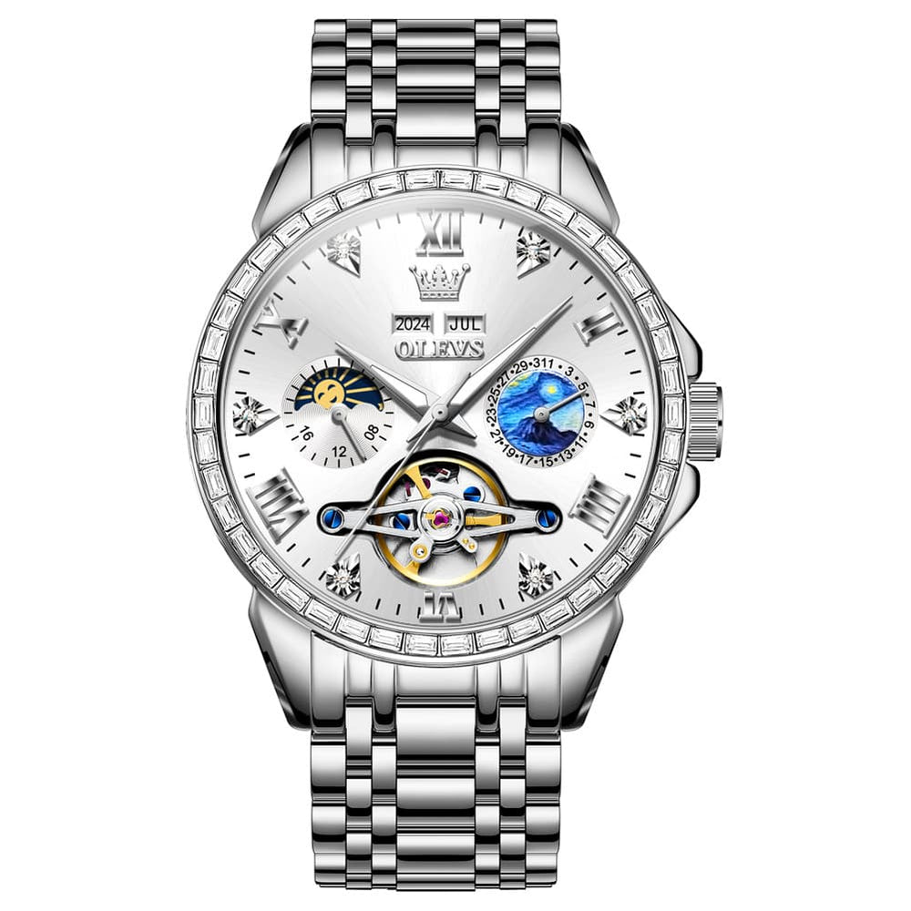 OLEVS 6712 Diamond Bezel Starry Moon Phase Calendar Mechanical Watch For Men - Silver Black Watch | Olevs Watch Store