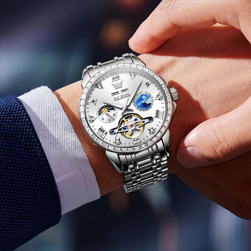 OLEVS 6712 Diamond Bezel Starry Moon Phase Calendar Mechanical Watch For Men - Silver Black Watch | Olevs Watch Store