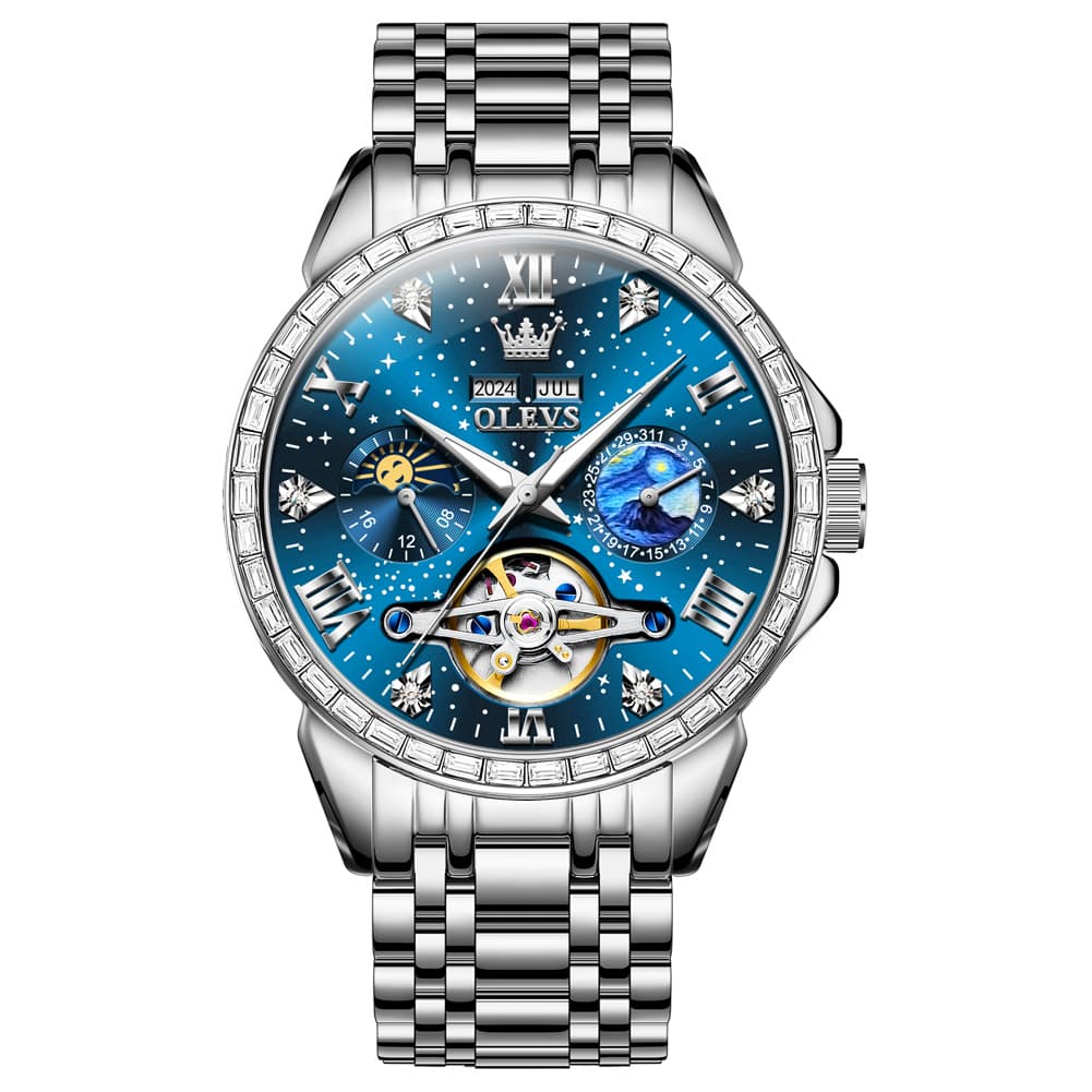 OLEVS 6712 Diamond Bezel Starry Moon Phase Calendar Mechanical Watch For Men - Silver Black Watch | Olevs Watch Store
