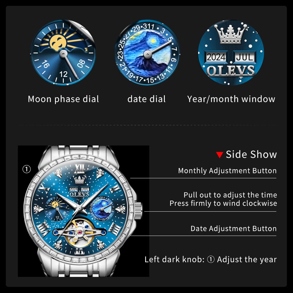 OLEVS 6712 Diamond Bezel Starry Moon Phase Calendar Mechanical Watch For Men - Silver Black Watch | Olevs Watch Store