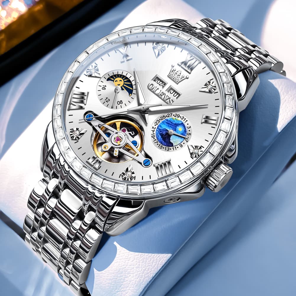 OLEVS 6712 Diamond Bezel Starry Moon Phase Calendar Mechanical Watch For Men - Silver Black Watch | Olevs Watch Store