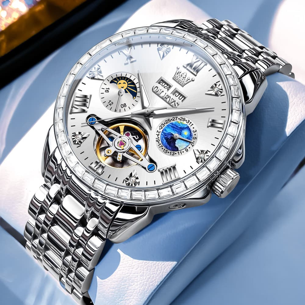 OLEVS 6712 Diamond Bezel Starry Moon Phase Calendar Mechanical Watch For Men - Silver Black Watch | Olevs Watch Store