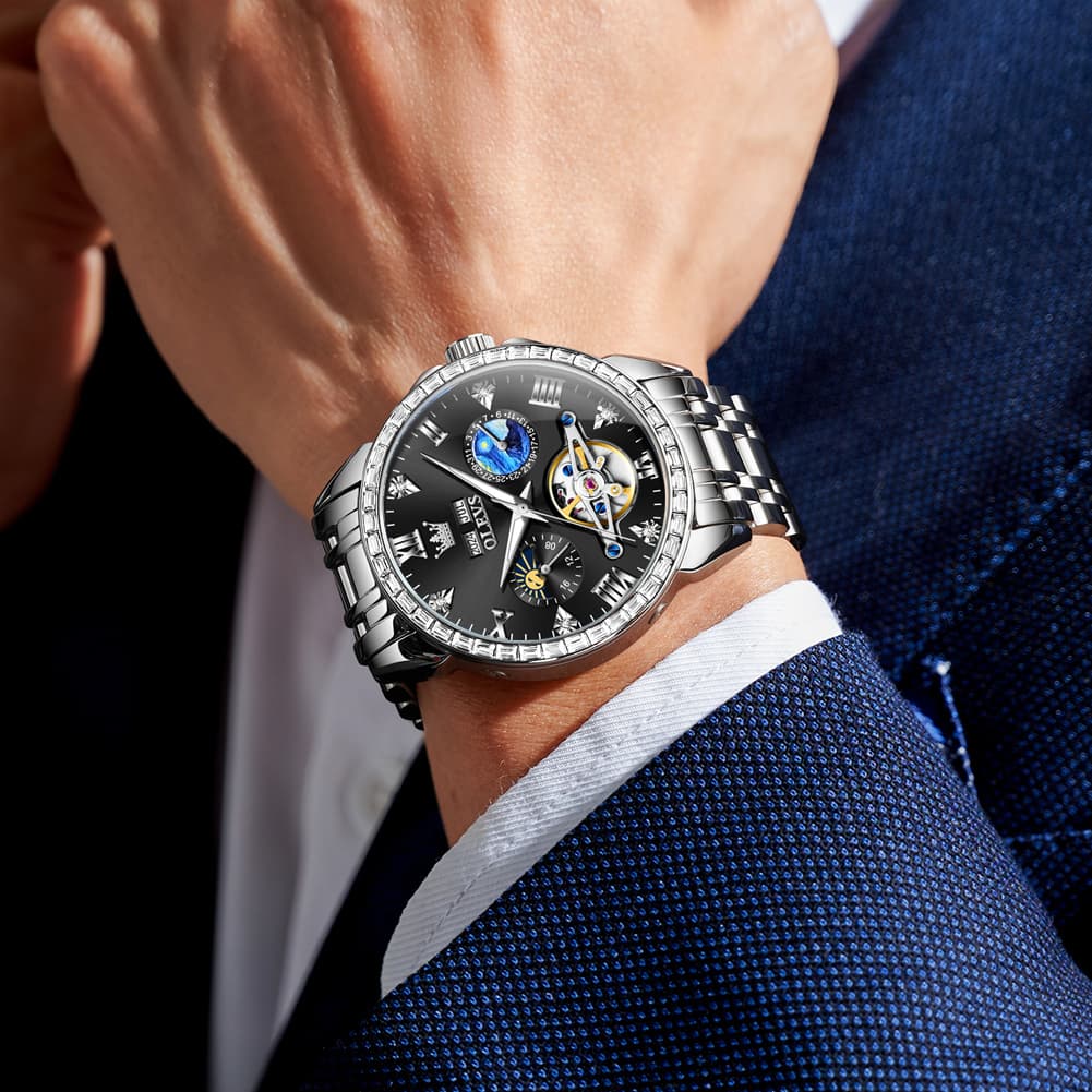 OLEVS 6712 Diamond Bezel Starry Moon Phase Calendar Mechanical Watch For Men - Silver Black Watch | Olevs Watch Store