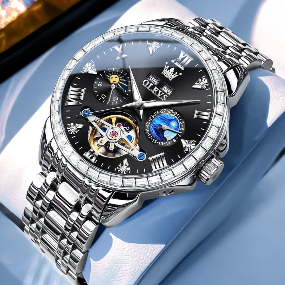 OLEVS 6712 Diamond Bezel Starry Moon Phase Calendar Mechanical Watch For Men - Silver Black Watch | Olevs Watch Store