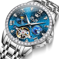 OLEVS 6712 Diamond Bezel Starry Moon Phase Calendar Mechanical Watch For Men - Silver Blue Watch | Olevs Watch Store