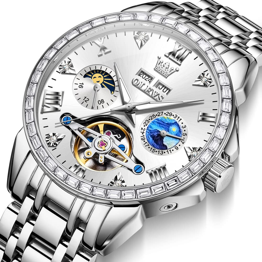 OLEVS 6712 Diamond Bezel Starry Moon Phase Calendar Mechanical Watch For Men - Silver White Watch | Olevs Watch Store