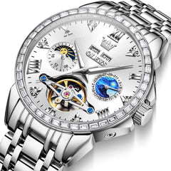 OLEVS 6712 Diamond Bezel Starry Moon Phase Calendar Mechanical Watch For Men - Silver White Watch | Olevs Watch Store