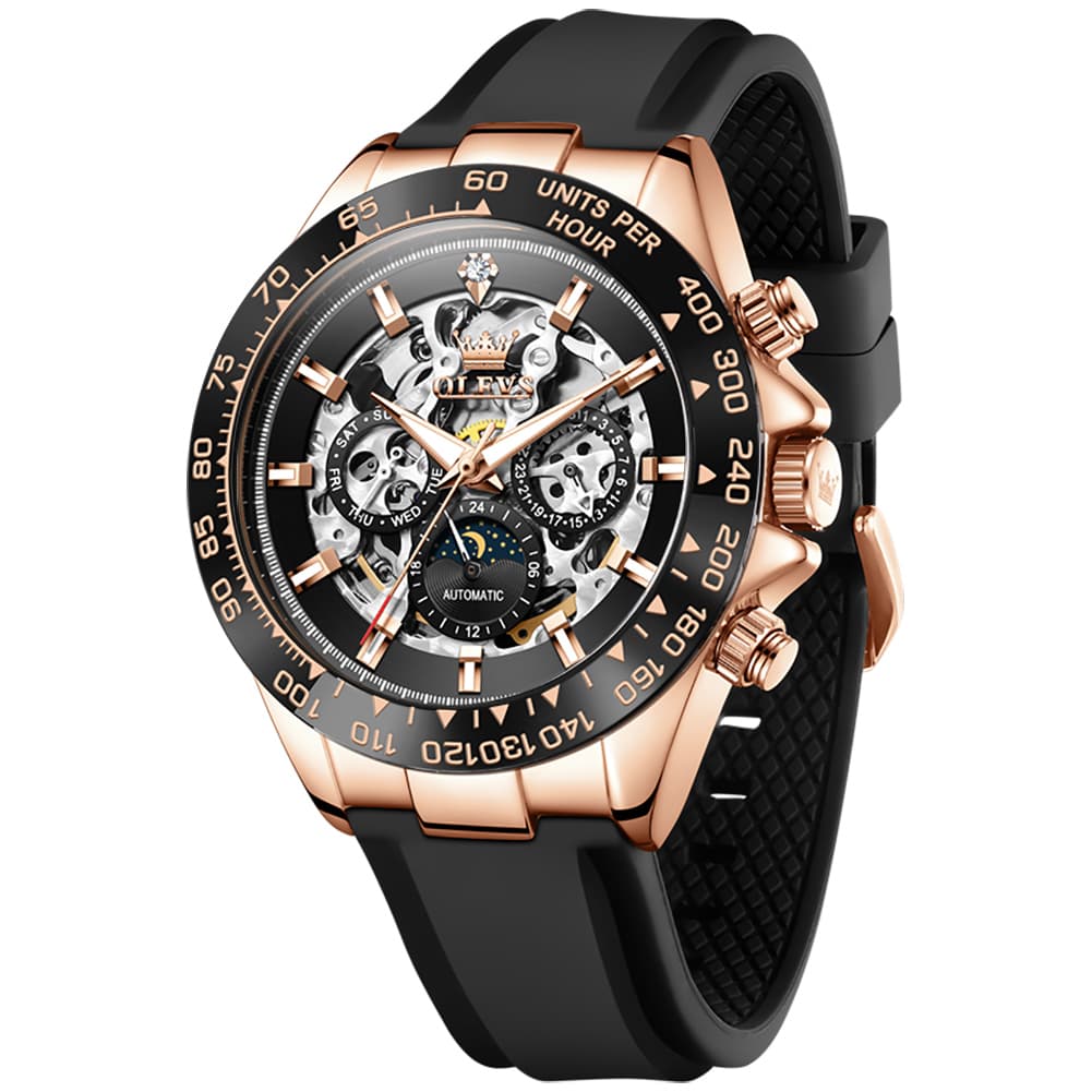 OLEVS 6713 Skeleton Silicone Sports Racing Mechanical Watch For Men - Rose Gold Black Watch | Olevs Watch Store