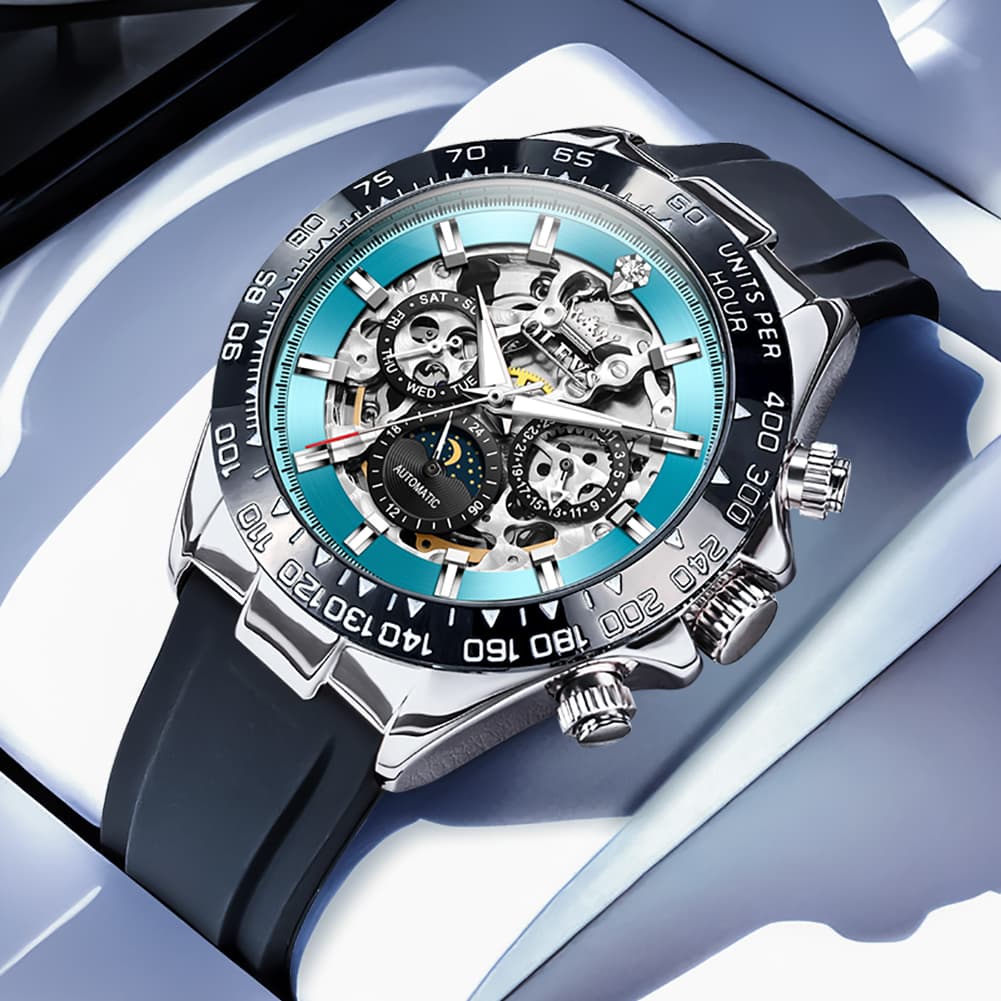 OLEVS 6713 Skeleton Silicone Sports Racing Mechanical Watch For Men - Cyan Blue Watch | Olevs Watch Store