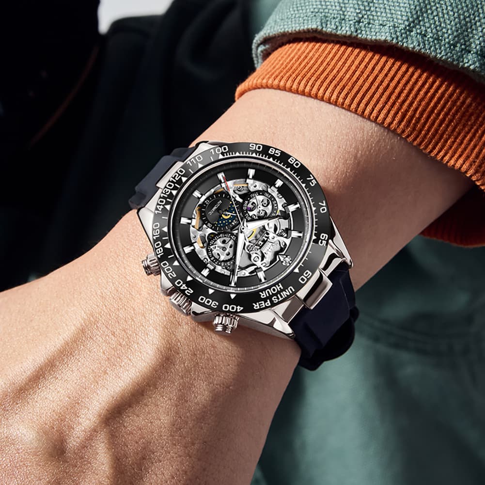 OLEVS 6713 Skeleton Silicone Sports Racing Mechanical Watch For Men - Rose Gold Watch | Olevs Watch Store
