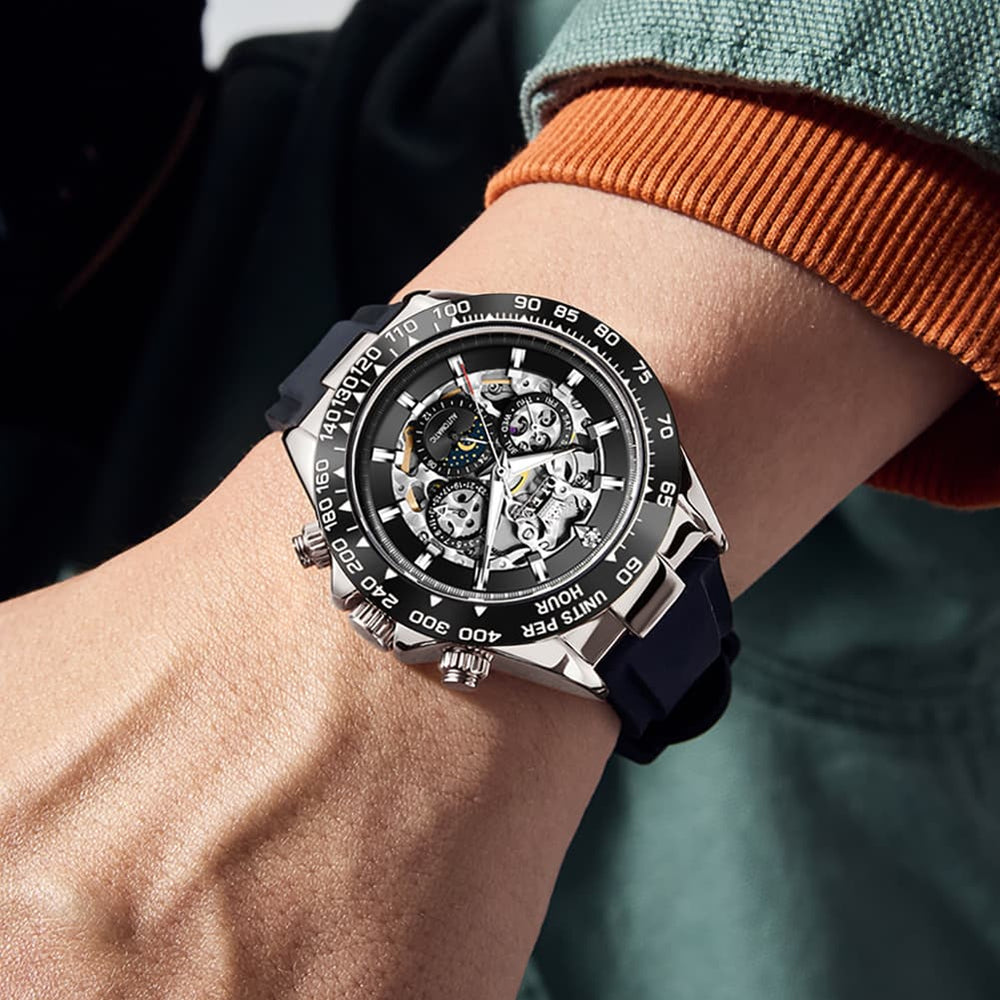 OLEVS 6713 Skeleton Silicone Sports Racing Mechanical Watch For Men - Rose Gold Watch | Olevs Watch Store