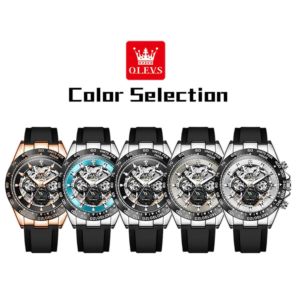 OLEVS 6713 Skeleton Silicone Sports Racing Mechanical Watch For Men - Rose Gold Watch | Olevs Watch Store
