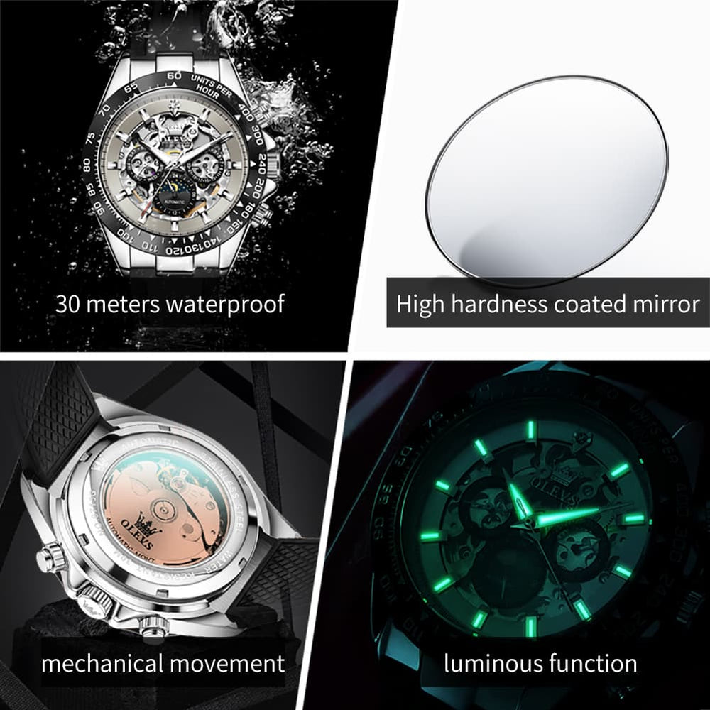 OLEVS 6713 Skeleton Silicone Sports Racing Mechanical Watch For Men - Rose Gold Watch | Olevs Watch Store