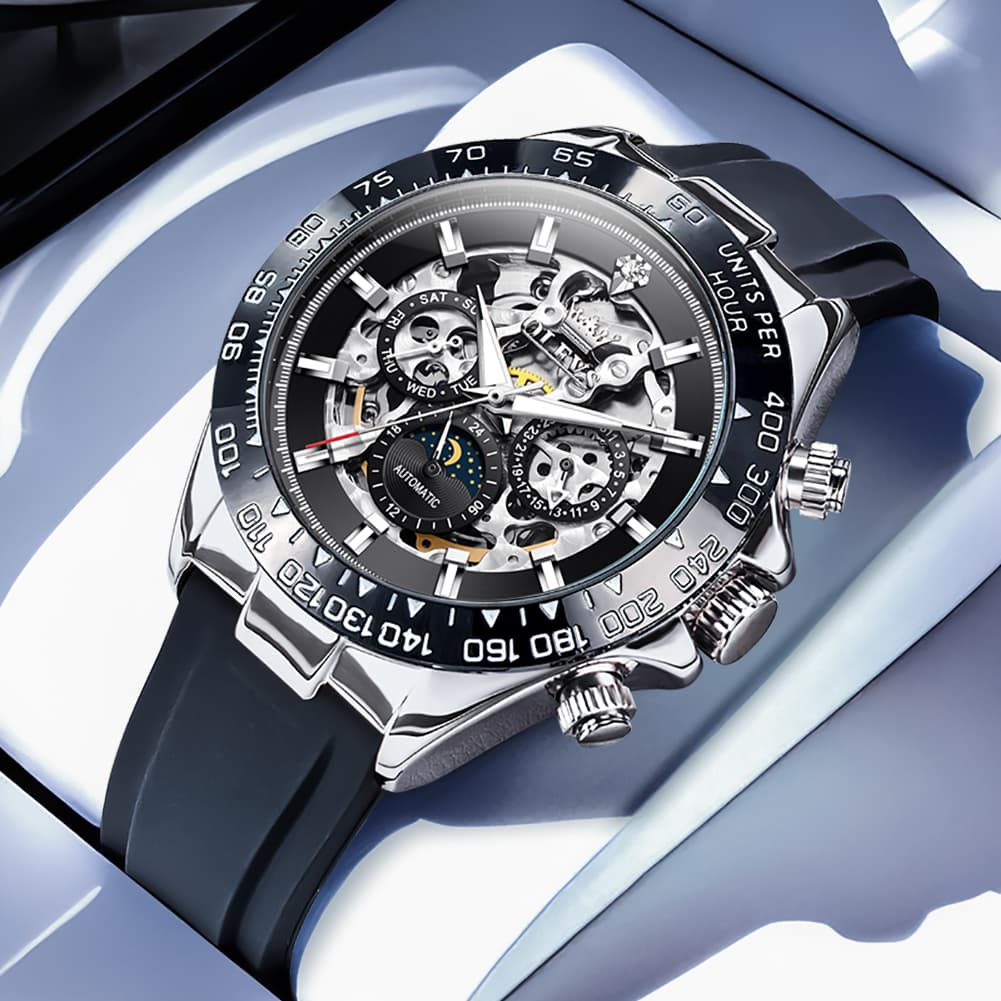 OLEVS 6713 Skeleton Silicone Sports Racing Mechanical Watch For Men - Rose Gold Watch | Olevs Watch Store