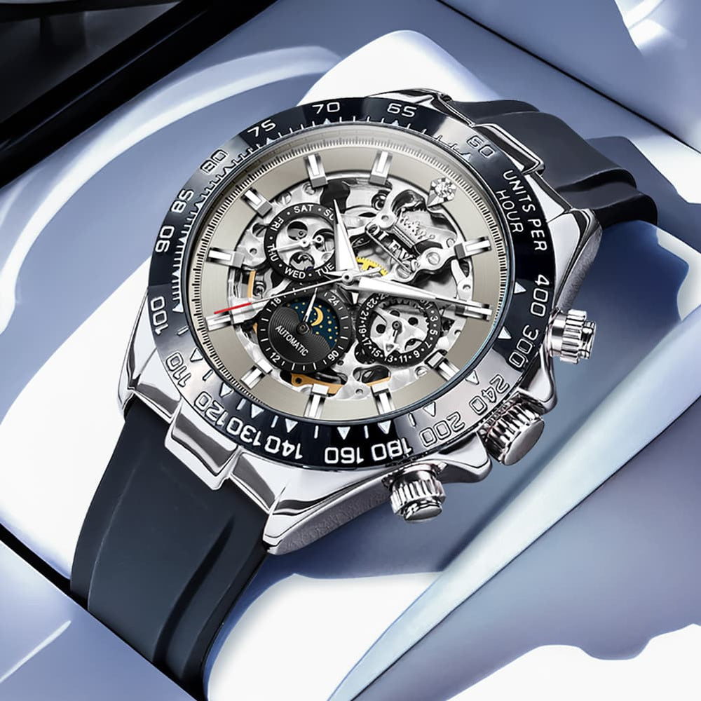 OLEVS 6713 Skeleton Silicone Sports Racing Mechanical Watch For Men - Rose Gold Watch | Olevs Watch Store