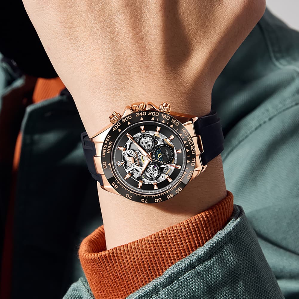 OLEVS 6713 Skeleton Silicone Sports Racing Mechanical Watch For Men - Rose Gold Watch | Olevs Watch Store