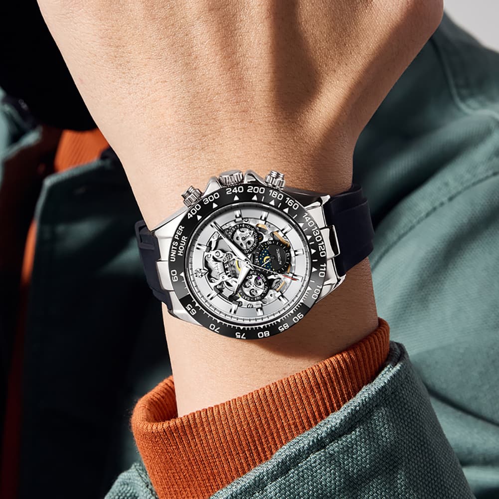 OLEVS 6713 Skeleton Silicone Sports Racing Mechanical Watch For Men - Rose Gold Watch | Olevs Watch Store