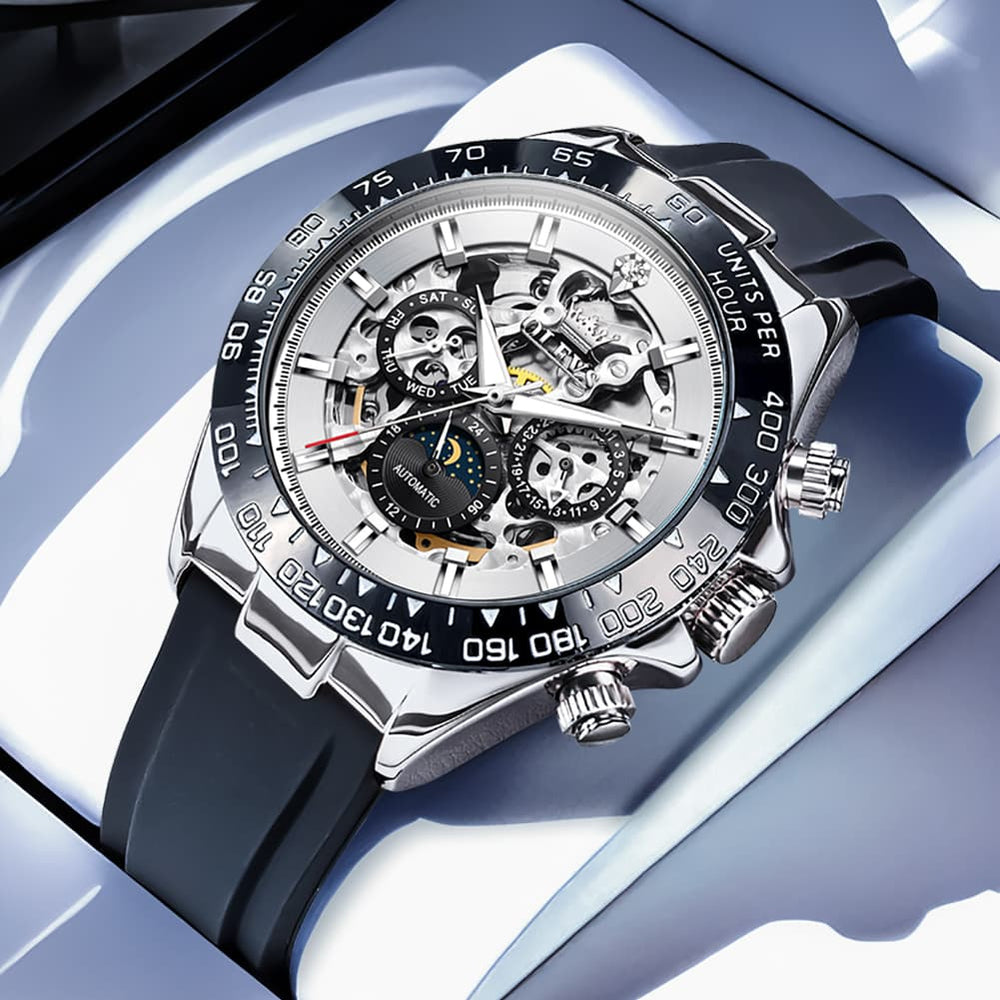 OLEVS 6713 Skeleton Silicone Sports Racing Mechanical Watch For Men - Rose Gold Watch | Olevs Watch Store